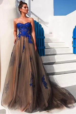 Prom Dresses Stores Modest Tulle Strapless A-line Long Prom Dresses With Lace Appliques  Formal Women's Dresses